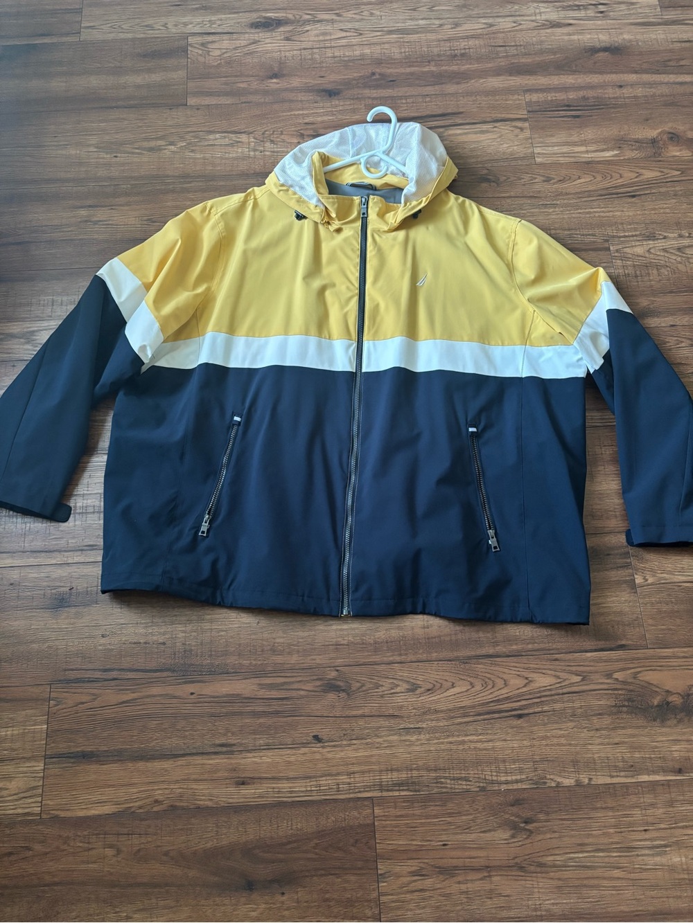 Nautica Yellow White Navy Colorblock Hooded Windbreaker